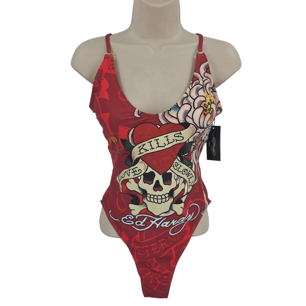 Y2K Ed Hardy Swimsuit Women L Red Love Kills Slowly One‎ Pc Tattoo Skull Graphic